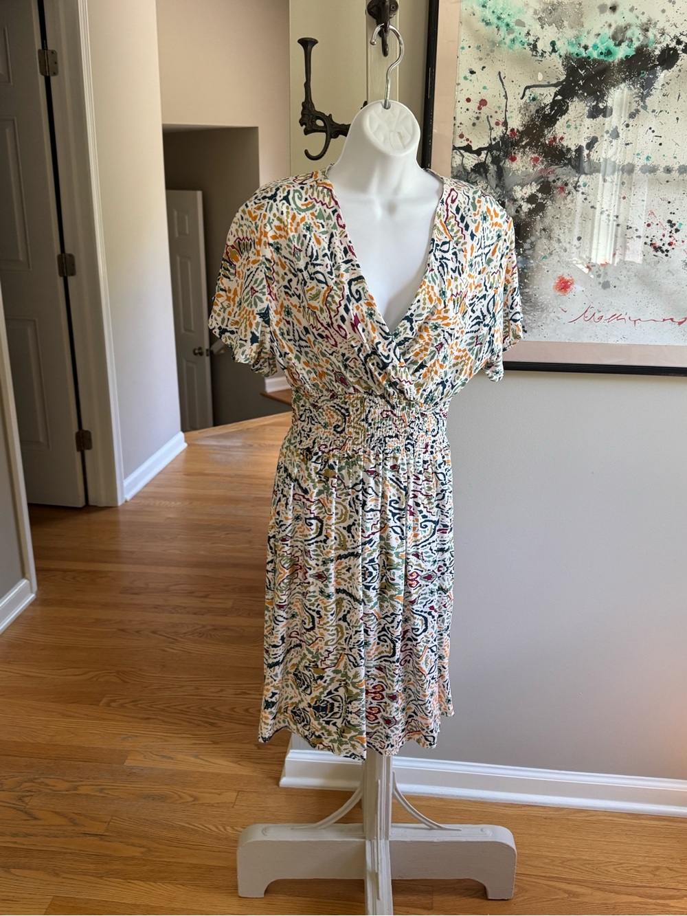 Abstract Multicolored Print V-Neck Smocked-Waist Dress